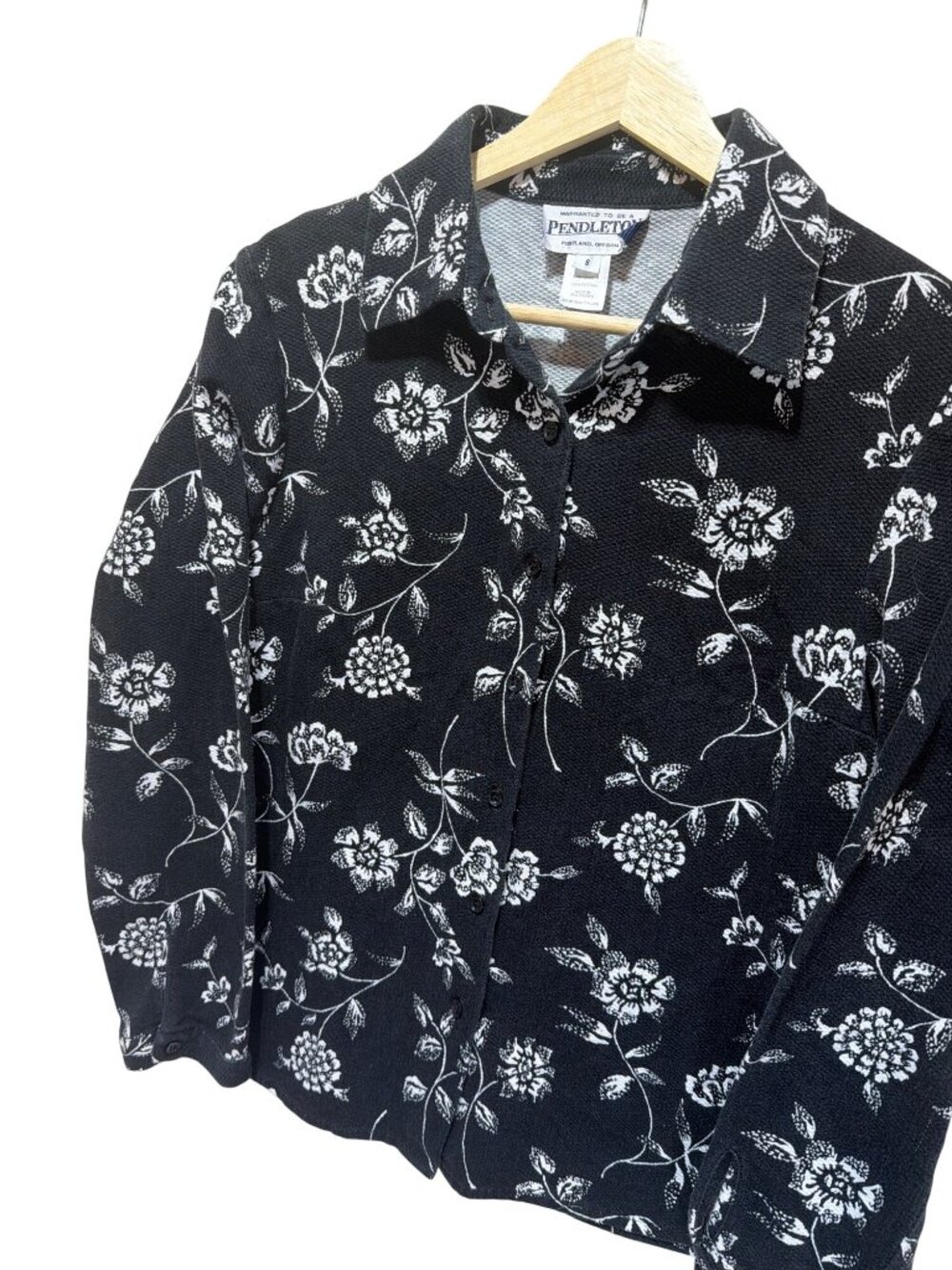 Pendleton Womens Black & White Floral Button-Up Blouse Size 8 100% Cotton